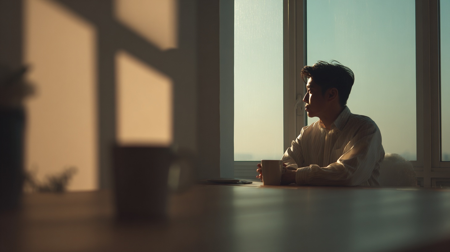 窓辺でコーヒーを飲む30代会社員