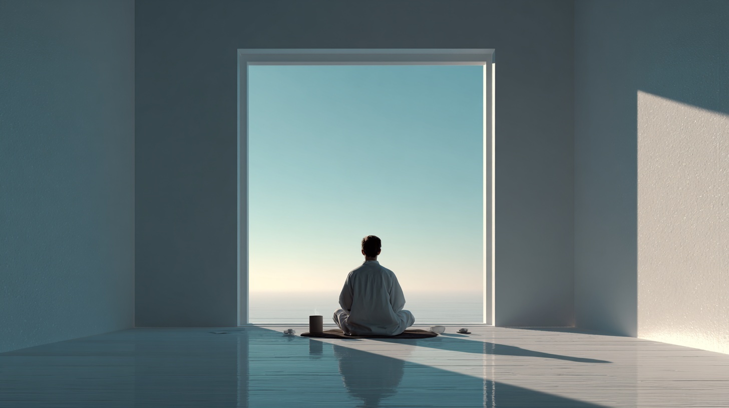 白い空間の中で静かに座る人物、心の余白