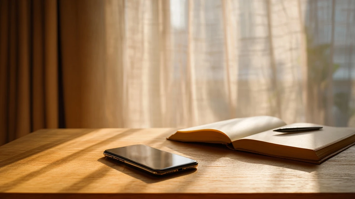 ミニマルな木製デスクに置かれたスマートフォンとノート。朝の光が差し込む静かな和室