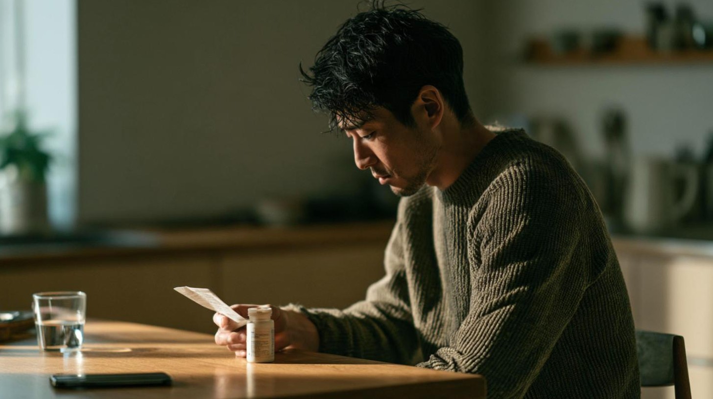 サプリの容器と説明書きを確認する30代の男性